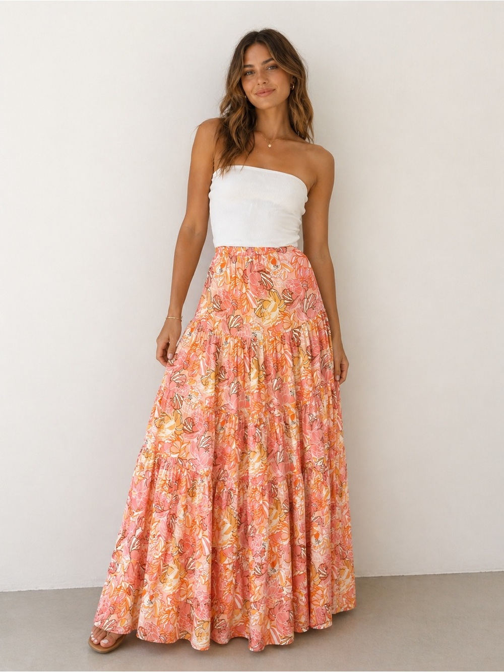 HOLLY MOLLY Tiered Maxi Pink and orange mixed Floral Print  skirt lightweight